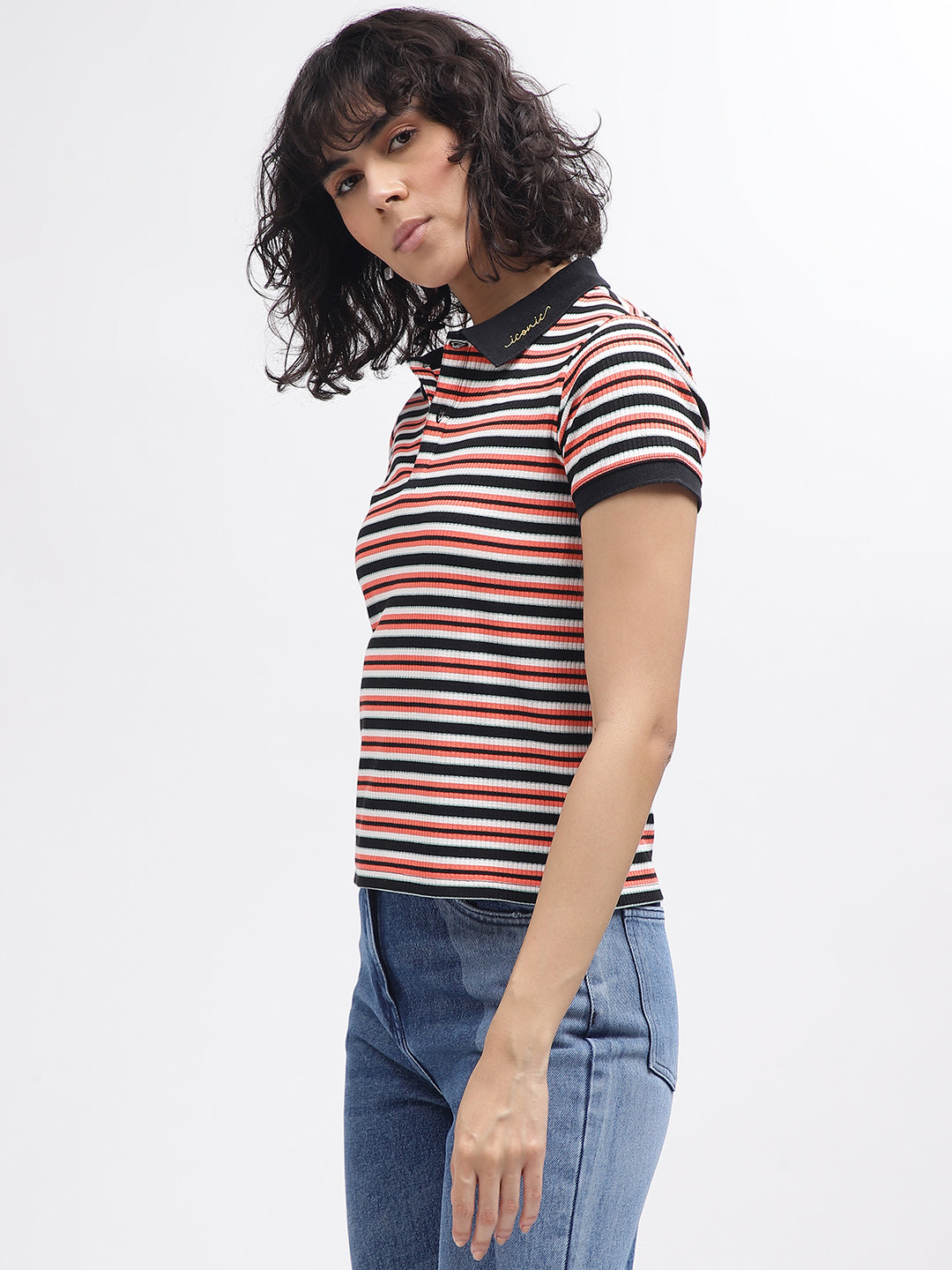 Iconic Women Multi Striped Polo Collar Short Sleeves T-Shirt