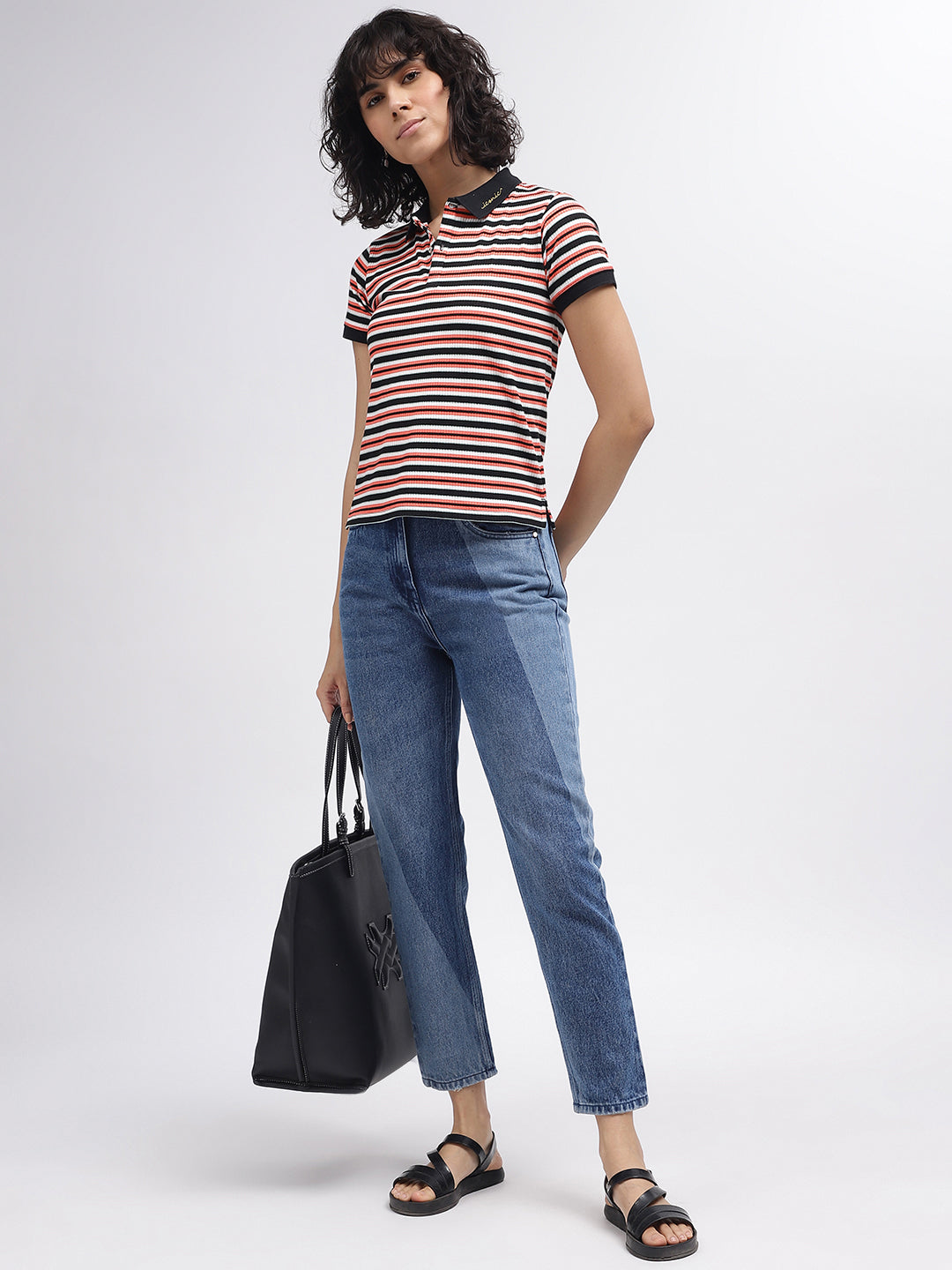 Iconic Women Multi Striped Polo Collar Short Sleeves T-Shirt