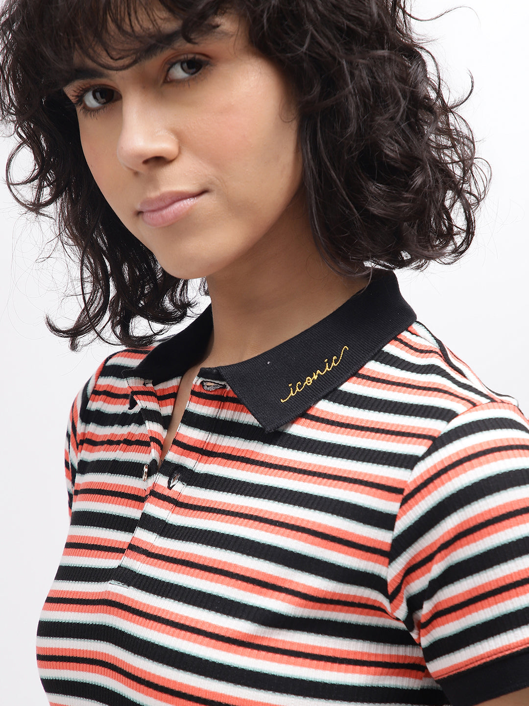 Iconic Women Multi Striped Polo Collar Short Sleeves T-Shirt