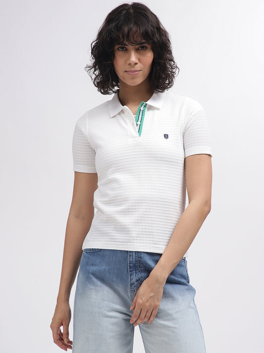 Iconic Women White Self-Design Polo Collar Short Sleeves T-Shirt