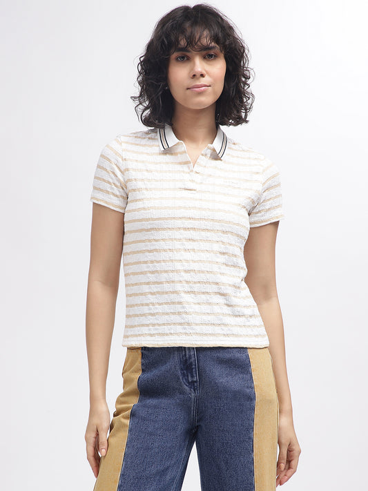 Iconic Women White Striped Polo Collar Short Sleeves T-Shirt