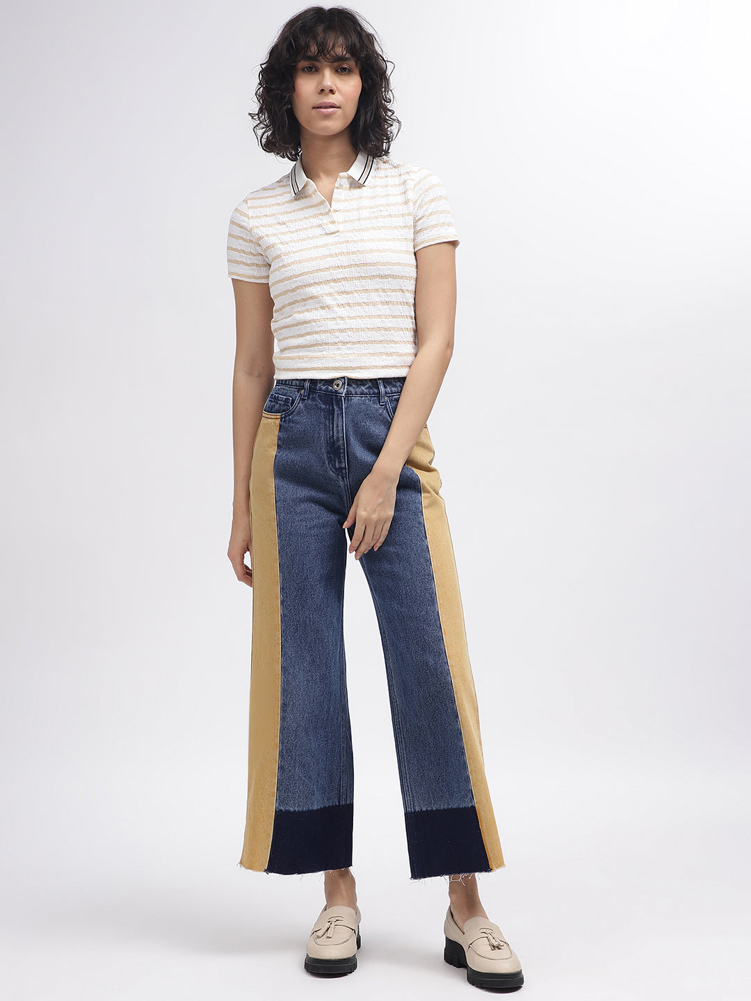 Iconic Women White Striped Polo Collar Short Sleeves T-Shirt