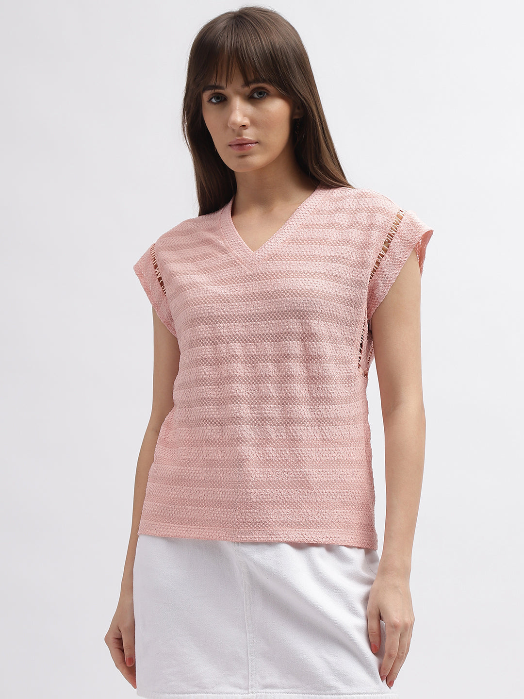 Iconic Women Pink Striped V-Neck Short Sleeves Tshirt