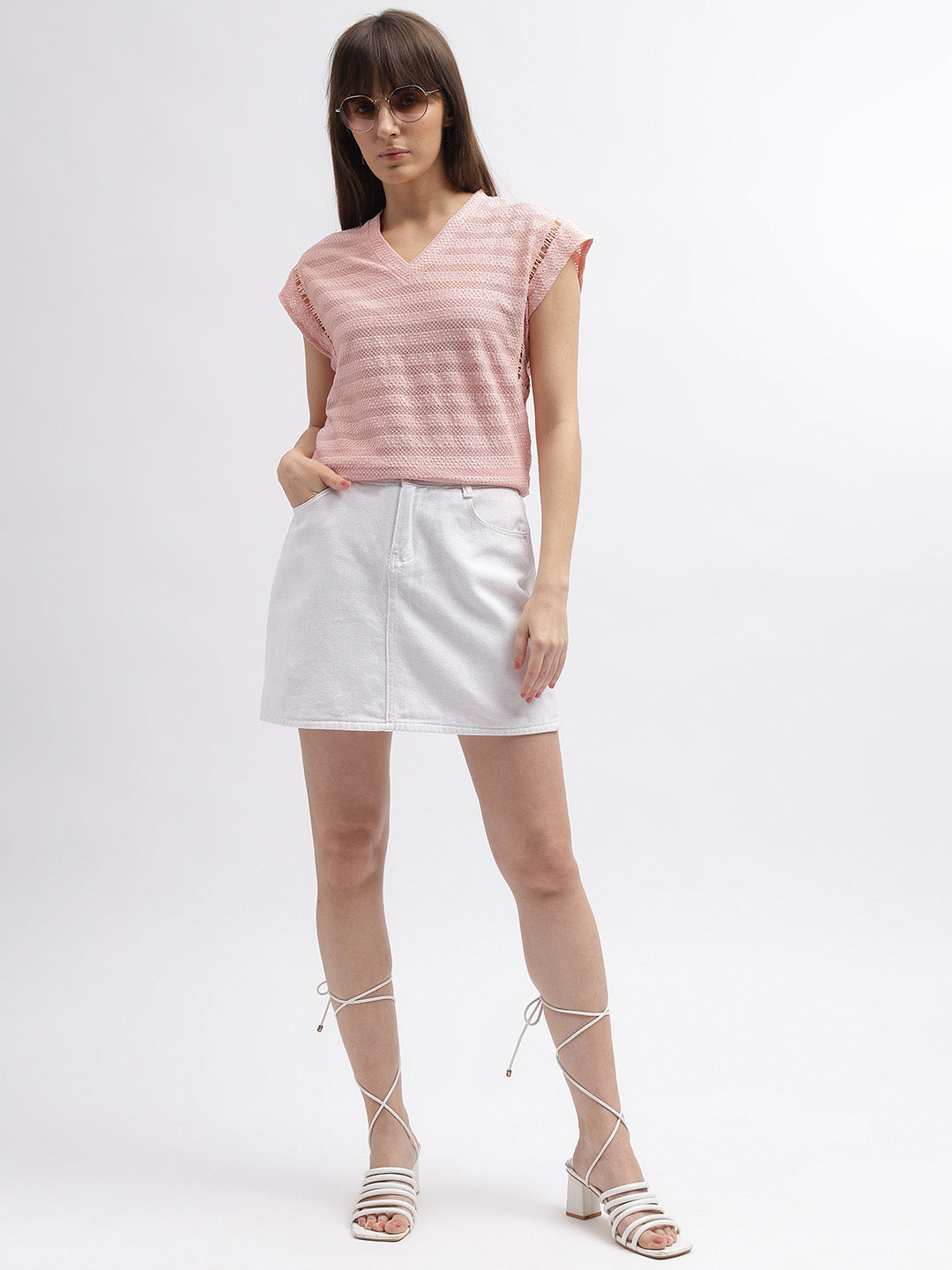 Iconic Women Pink Striped V-Neck Short Sleeves Tshirt