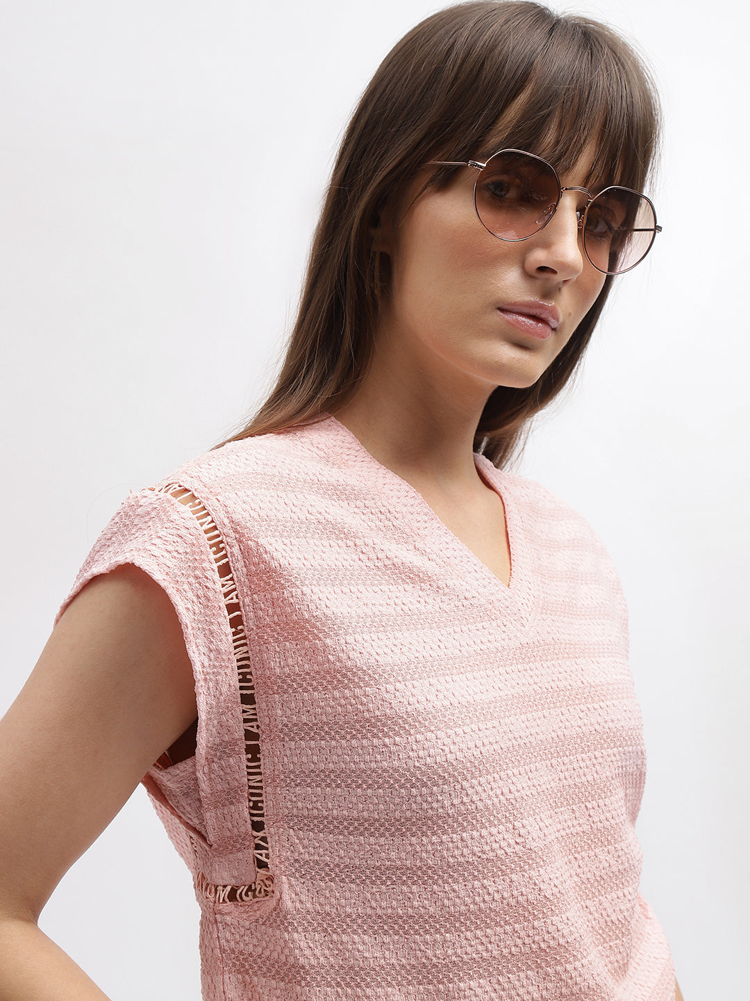 Iconic Women Pink Striped V-Neck Short Sleeves Tshirt