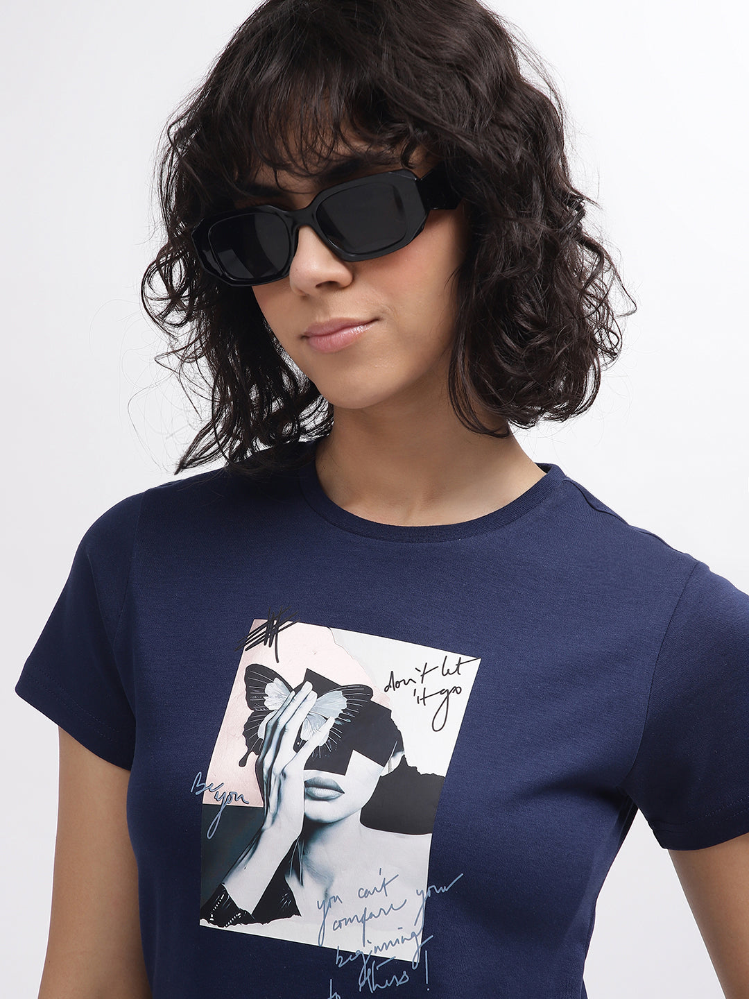 Iconic Women Navy Blue Printed Round Neck Short Sleeves T-Shirt
