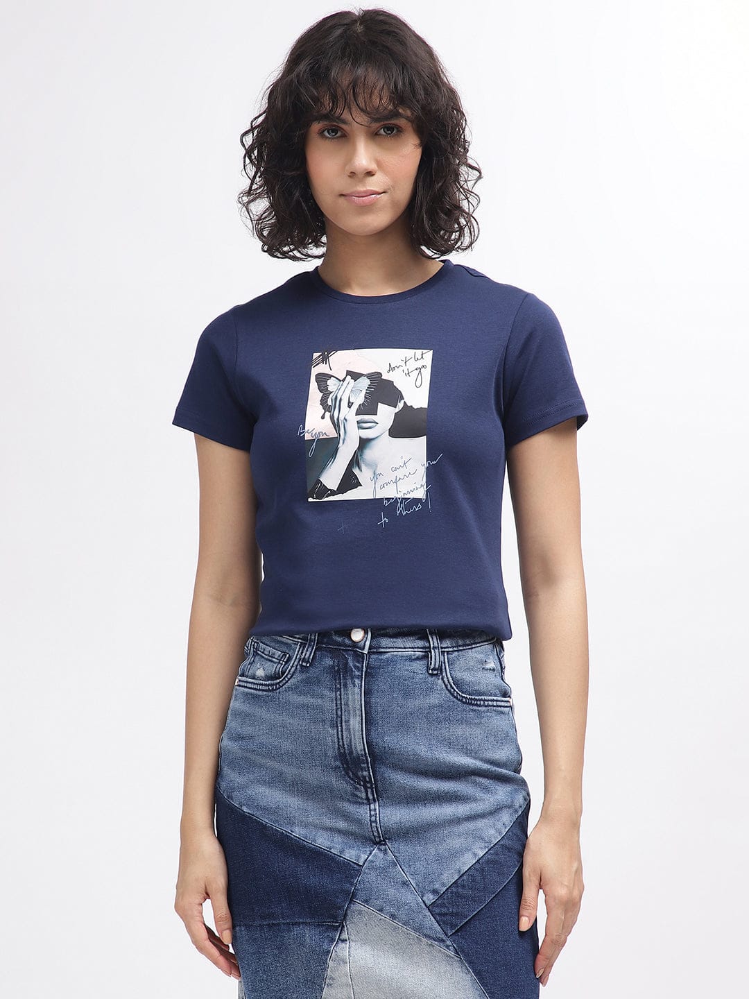 Iconic Women Blue Round Neck Tshirt
