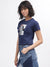 Iconic Women Navy Blue Printed Round Neck Short Sleeves T-Shirt