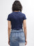 Iconic Women Navy Blue Printed Round Neck Short Sleeves T-Shirt