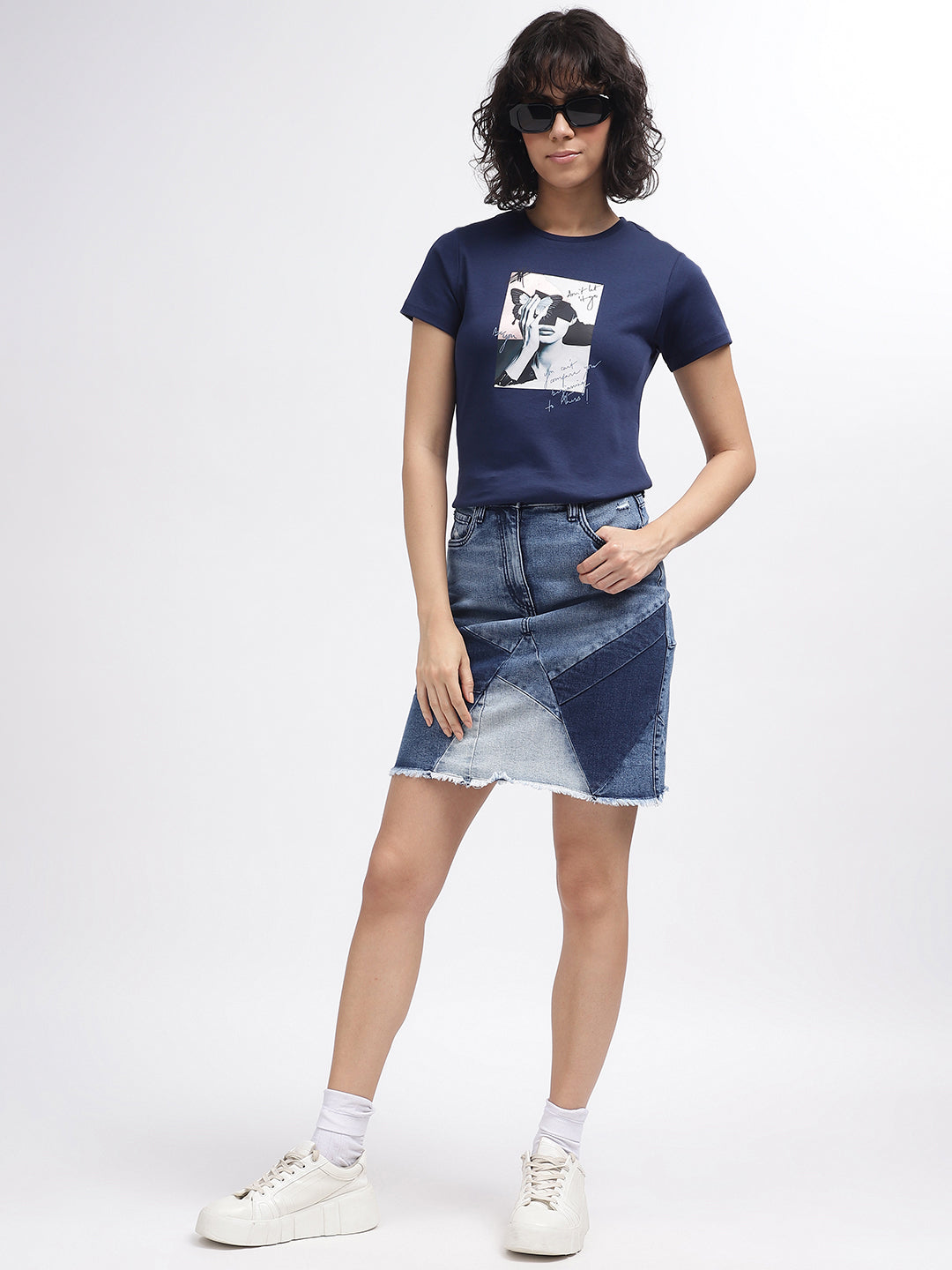 Iconic Women Navy Blue Printed Round Neck Short Sleeves T-Shirt