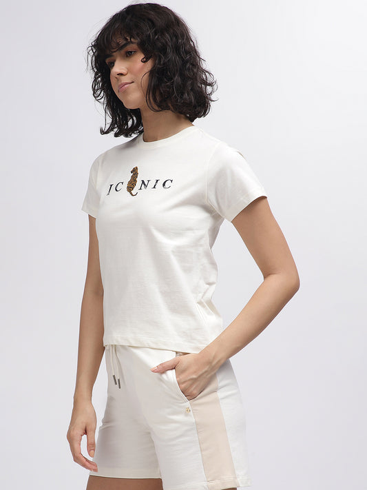 Iconic Women White Solid Round Neck Short Sleeves T-Shirt