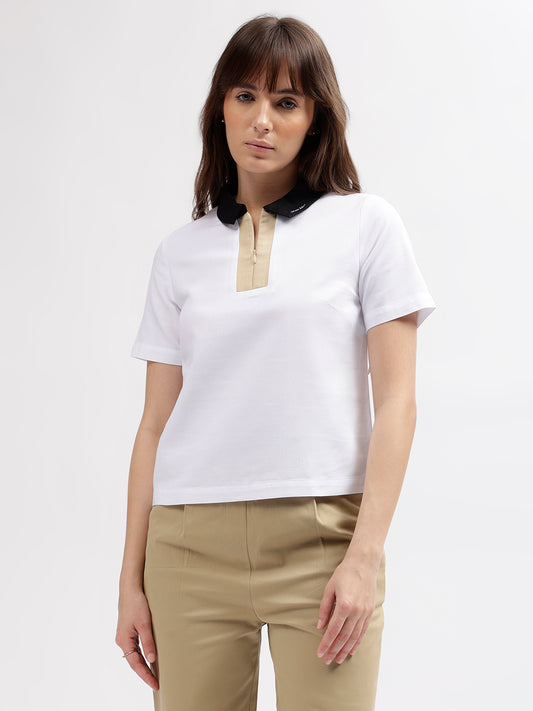 Iconic Women White Solid Polo Collar Short Sleeves T-shirt