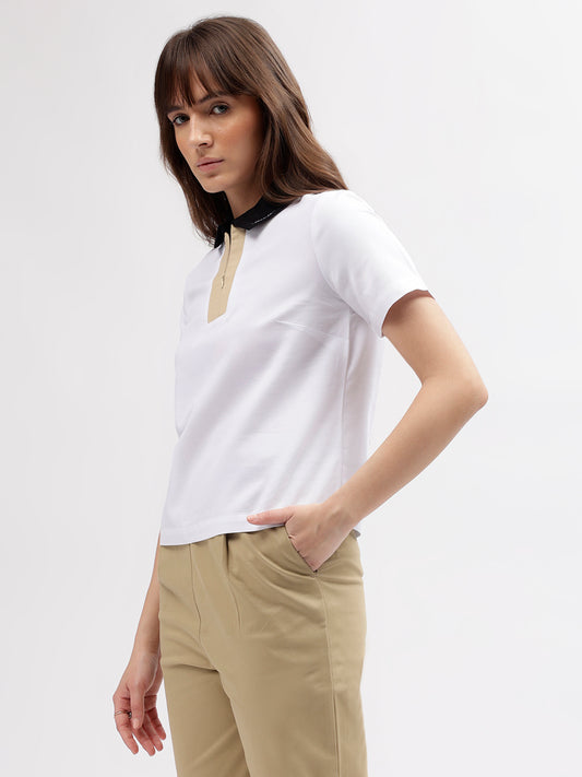 Iconic Women White Solid Polo Collar Short Sleeves T-shirt
