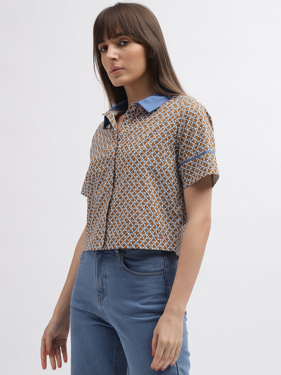 Iconic Women Multi Printed Spread Collar Short Sleeves Shirt