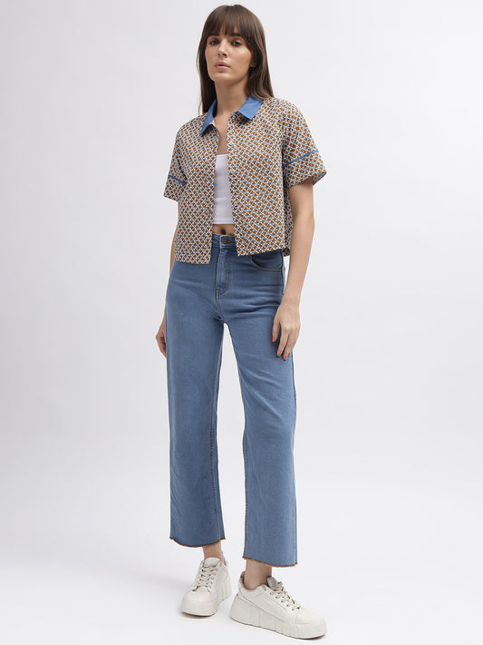 Iconic Women Multi Printed Spread Collar Short Sleeves Shirt