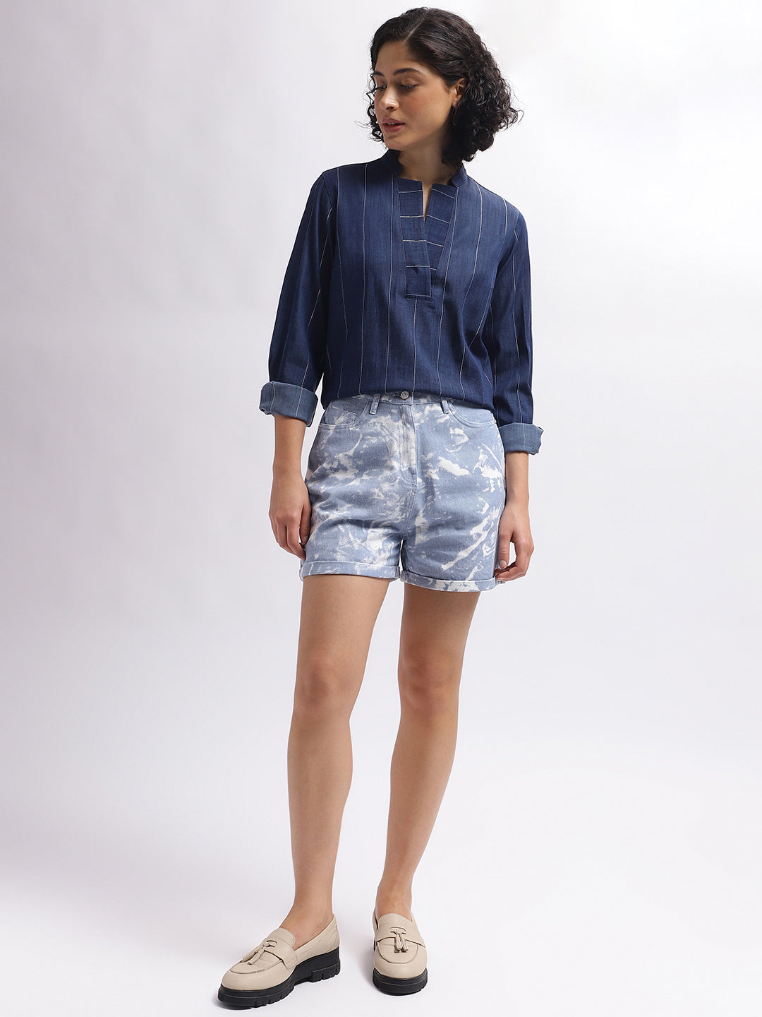 Iconic Women Blue Striped Mandarin Collar Full Sleeves Top