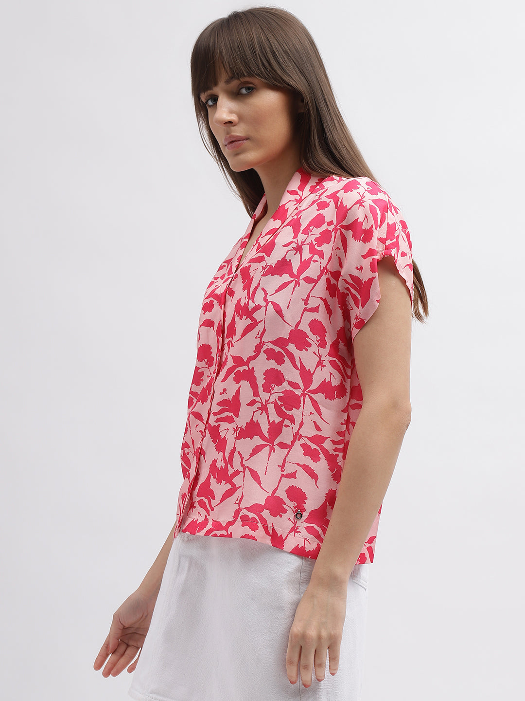 Iconic Women Pink Printed Shawl Neck Short Sleeves Shirt