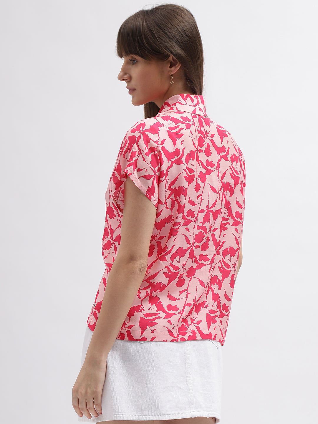 Iconic Women Pink Printed Shawl Neck Short Sleeves Shirt