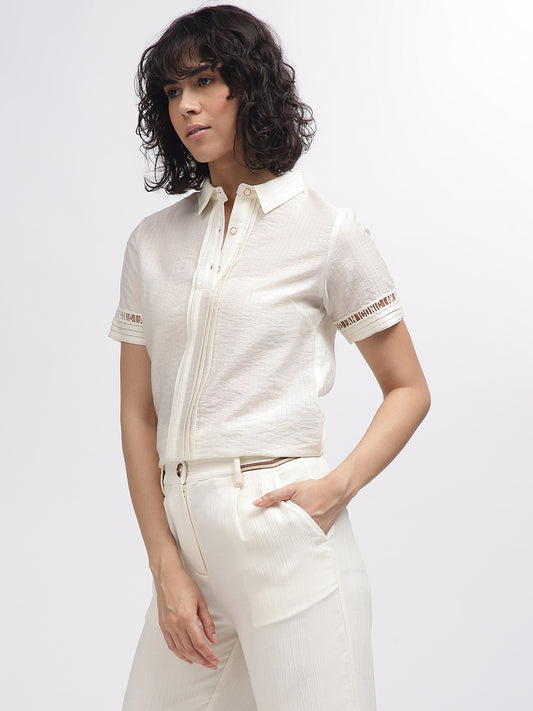 Iconic Women Off White Solid Spread Collar Short Sleeves Shirt