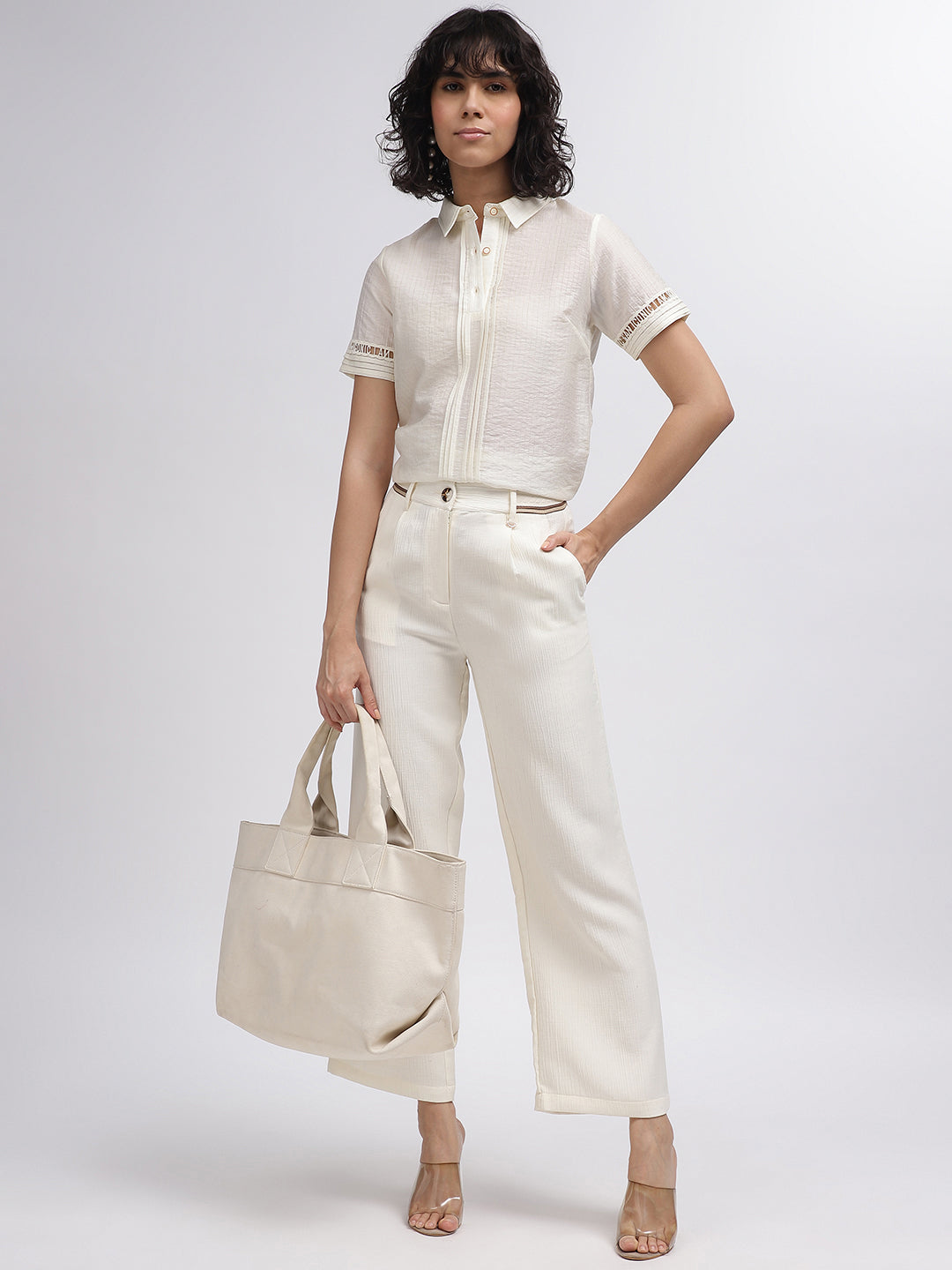 Iconic Women Off White Solid Spread Collar Short Sleeves Shirt