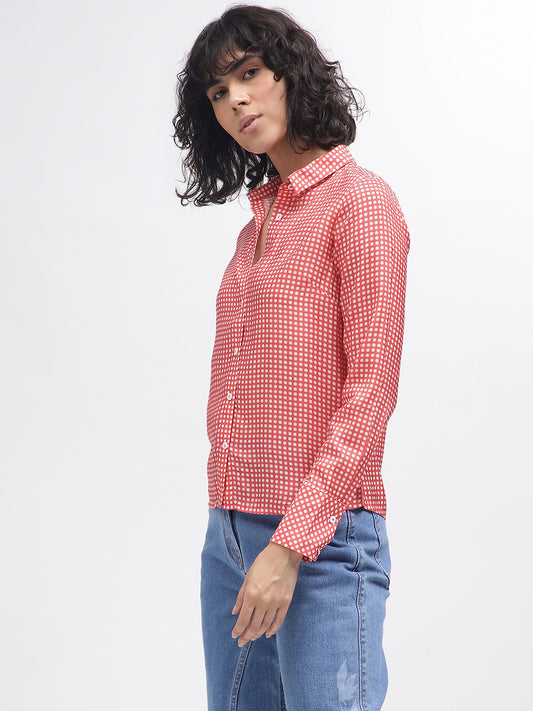 Iconic Women Red Printed Spread Collar Full Sleeves Shirt