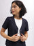 Iconic Women Navy Blue Solid V-Neck Short Sleeves Blazer