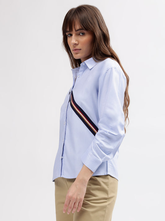 Iconic Women Blue Solid Spread Collar 3/4th Sleeves Shirt
