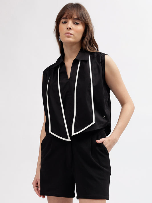 Iconic Women Black Solid Shirt Collar Sleeveless Top