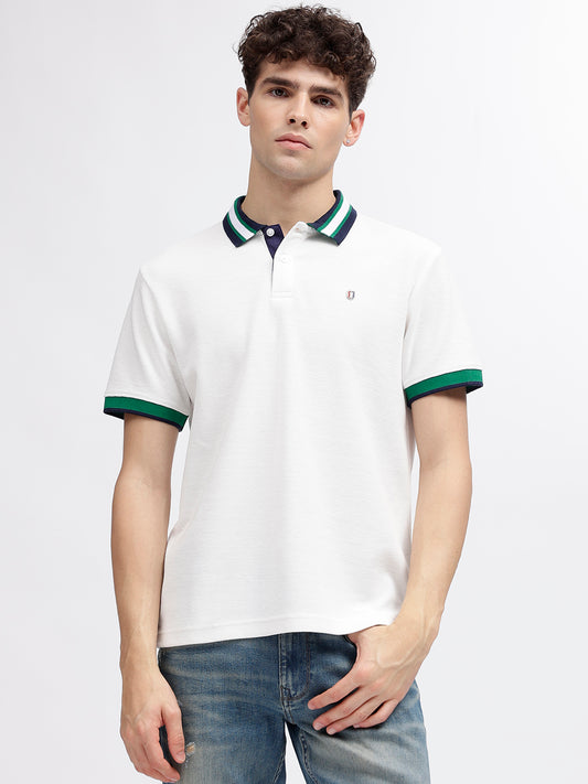 Iconic Men White Solid Polo Collar Short Sleeves T-Shirt