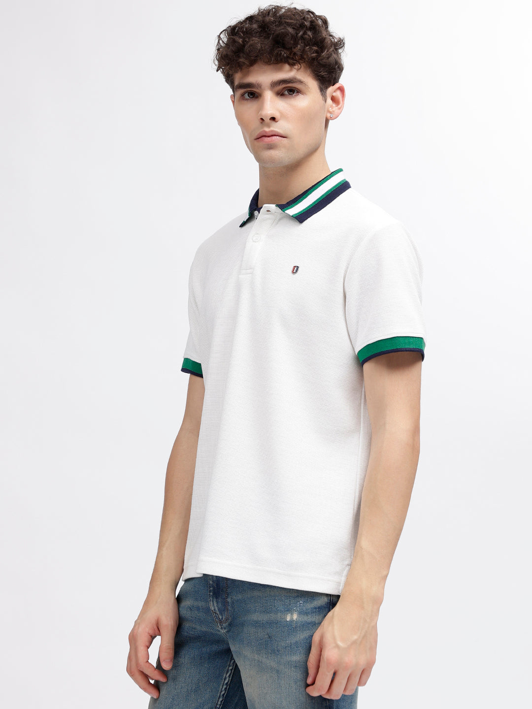 Iconic Men White Solid Polo Collar Short Sleeves T-Shirt