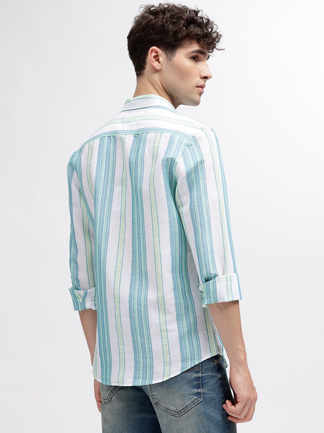 Iconic Men White Striped Spread Collar Full Sleeves Shirt