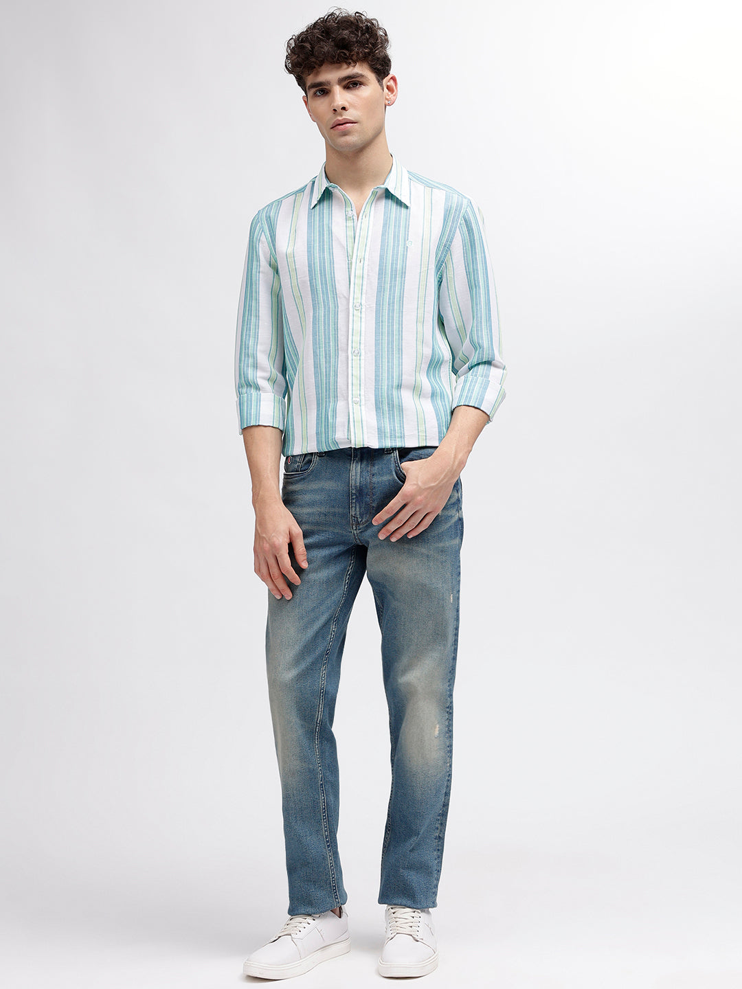 Iconic Men White Striped Spread Collar Full Sleeves Shirt