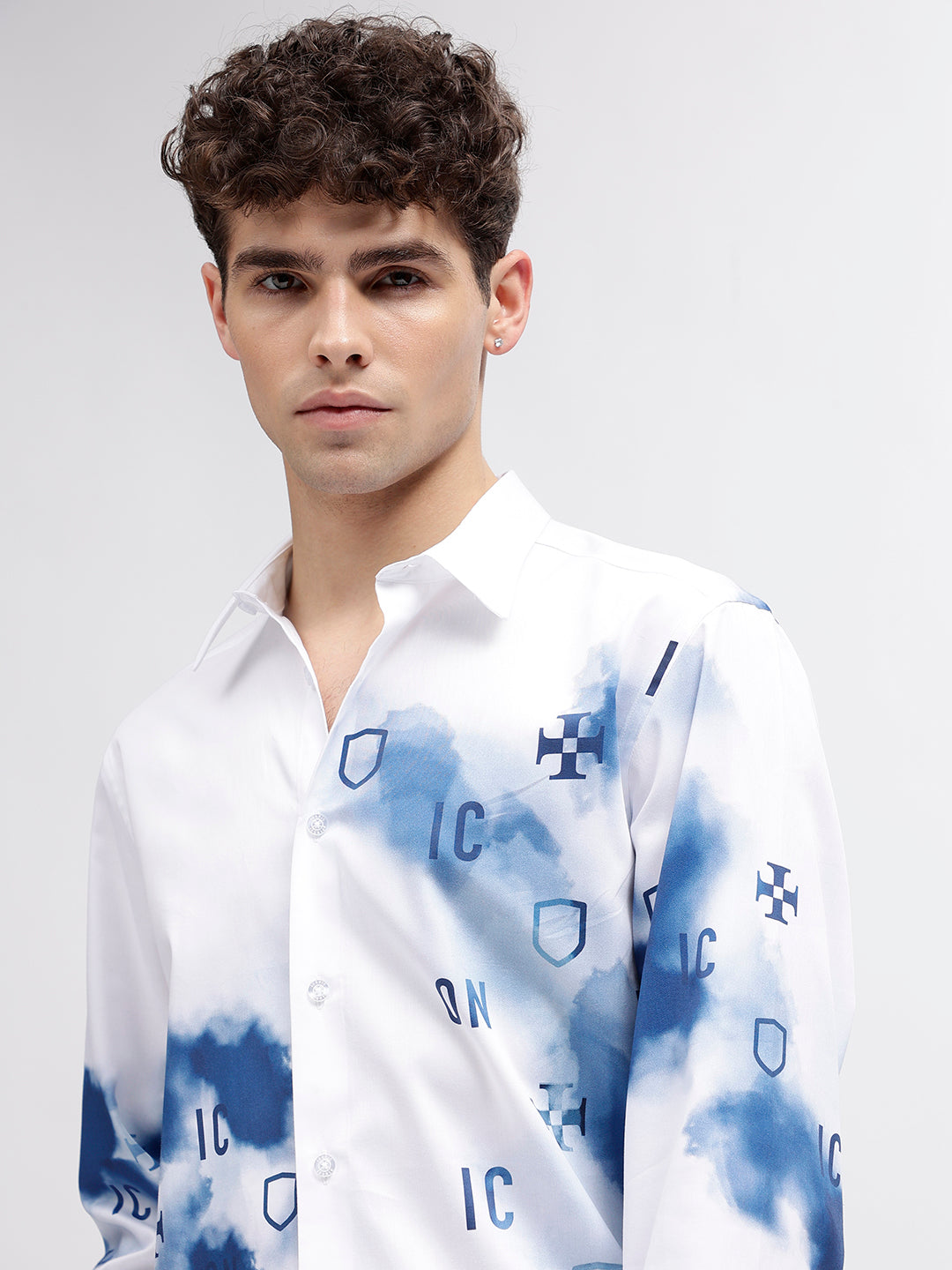 Iconic Men White Printed Spread Collar Full Sleeves Shirt
