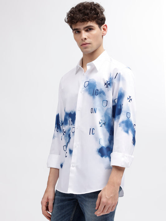 Iconic Men White Printed Spread Collar Full Sleeves Shirt