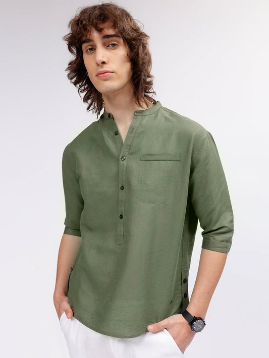 Iconic Men Green Mandarin Collar Shirt
