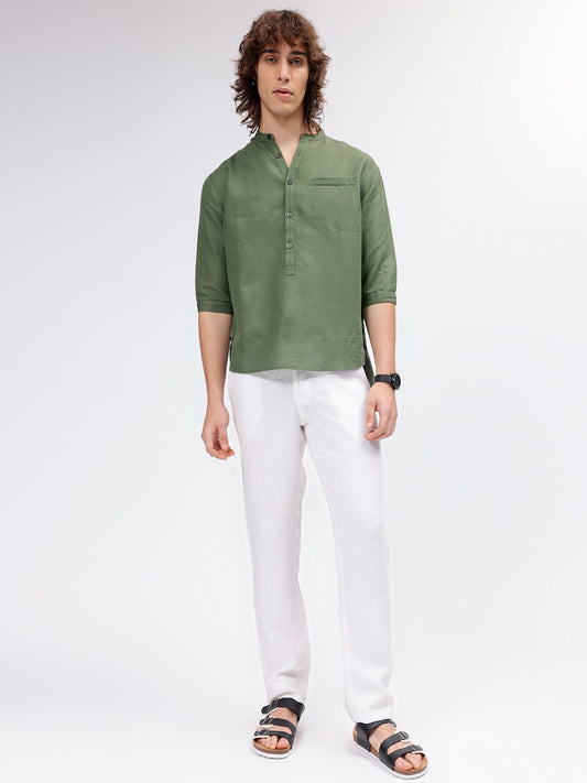 Iconic Men Olive Solid Mandarin Collar Three-quarter Sleeves Shirt