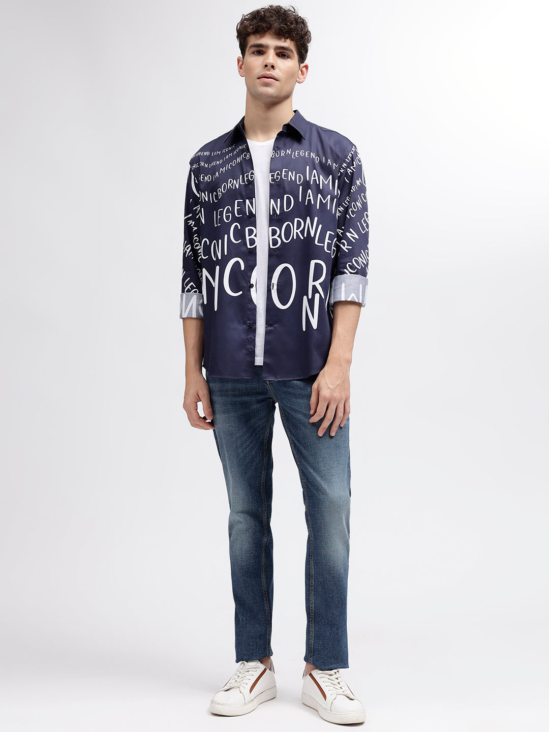 Iconic Men Navy Blue Printed Spread Collar Full Sleeves Shirt