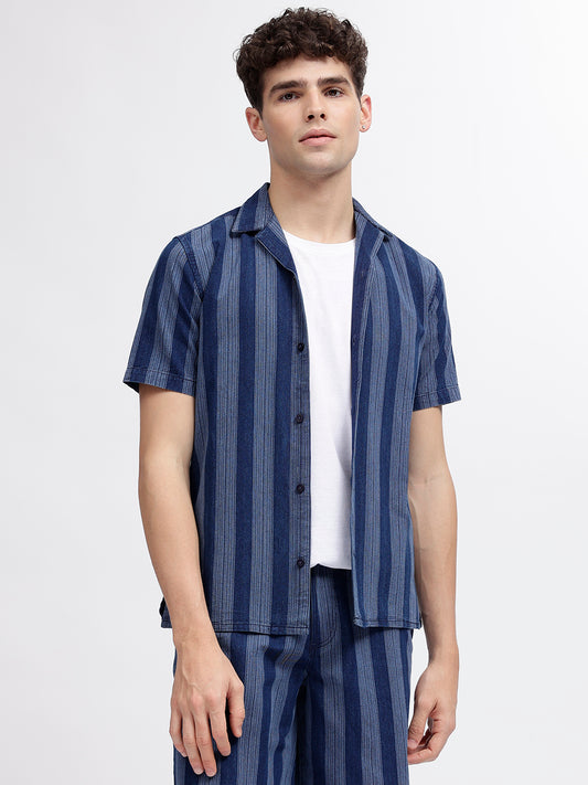 Iconic Men Blue Striped Resort Collar Short Sleeves Shirt