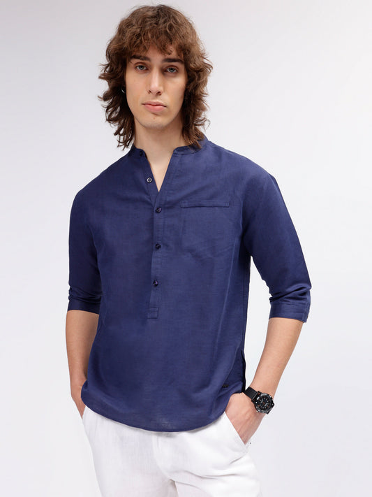 Iconic Men Blue Mandarin Collar Shirt