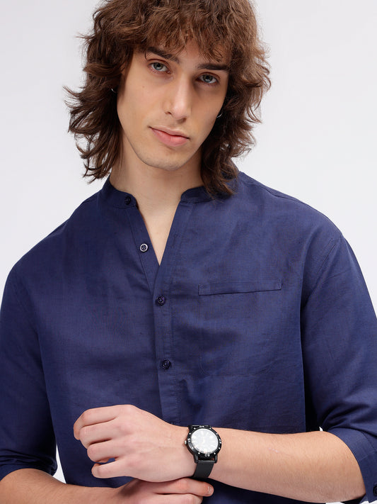Iconic Men Navy Blue Solid Mandarin Collar Three-quarter Sleeves Shirt