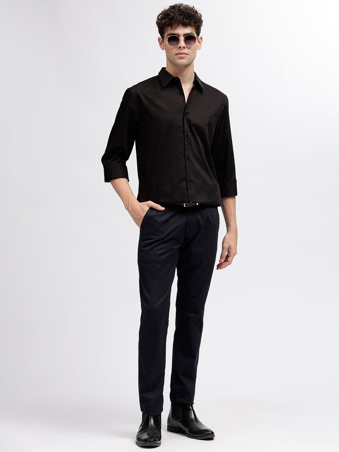 Iconic Men Black Printed Spread Collar Full Sleeves Shirt