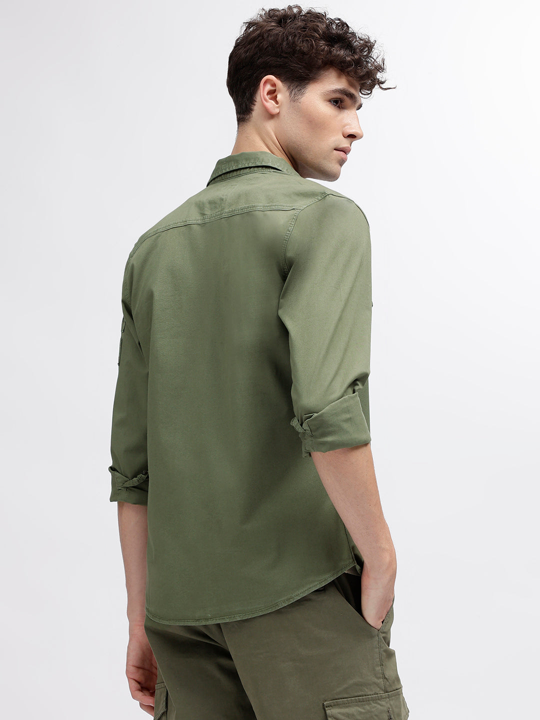 Iconic Men Olive Solid Spread Collar Full Sleeves Shirt