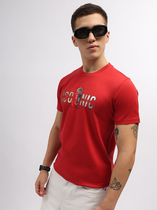 Iconic Men Red Solid Round Neck Short Sleeves Tshirt