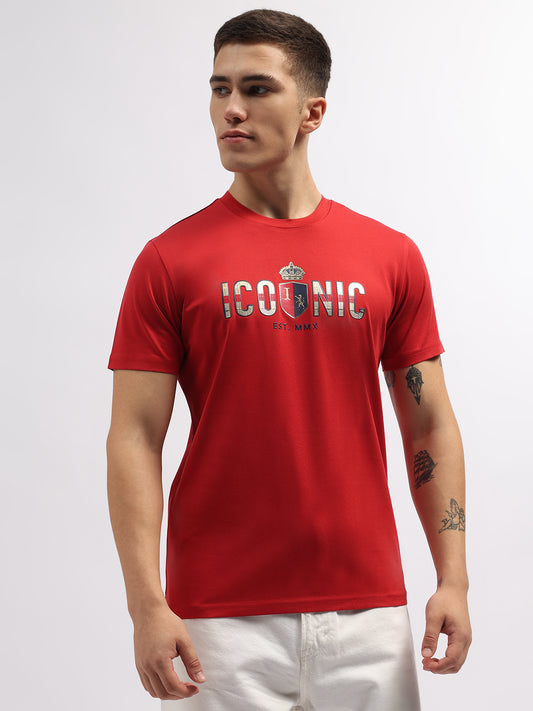 Iconic Men Red Solid Round Neck Short Sleeves Tshirt