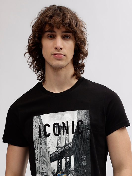 Iconic Men Black Printed Round Neck Short Sleeves T-shirt