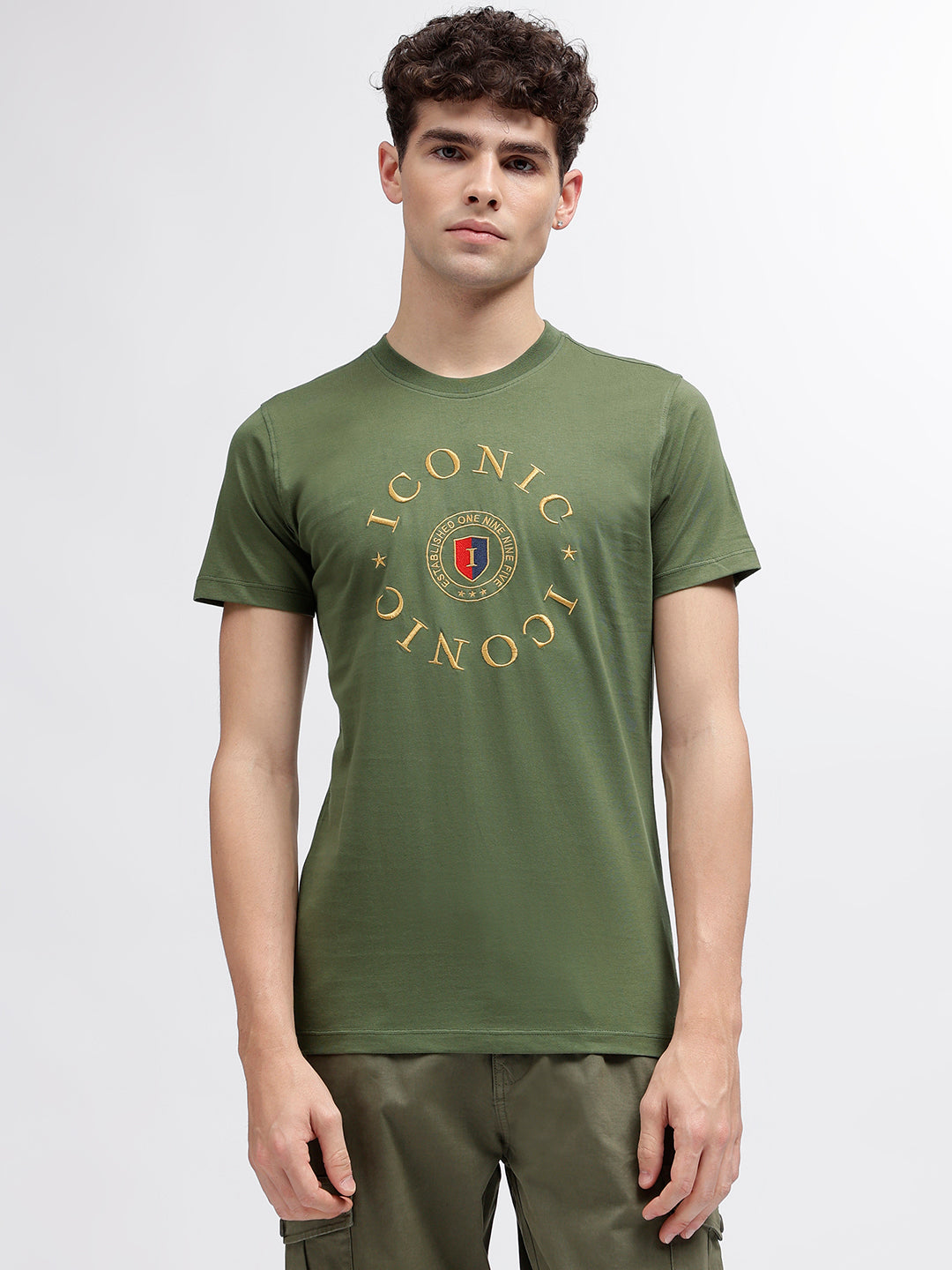 Iconic Men Olive Embroidered Round Neck Short Sleeves T-Shirt