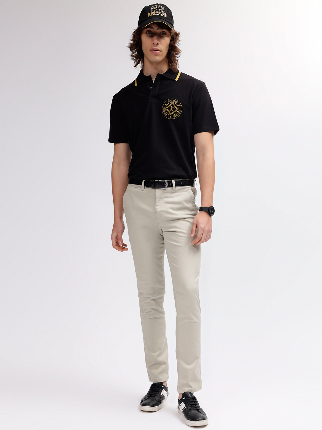 Just Cavalli Men Black Solid Polo Collar Short Sleeves T-shirt