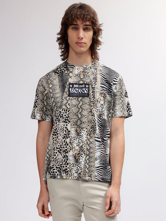 Just Cavalli Men Multi Color Printed Round Neck Short Sleeves T-shirt