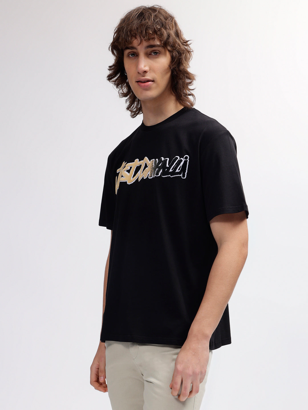 Just Cavalli Men Black Printed Round Neck Short Sleeves T-shirt