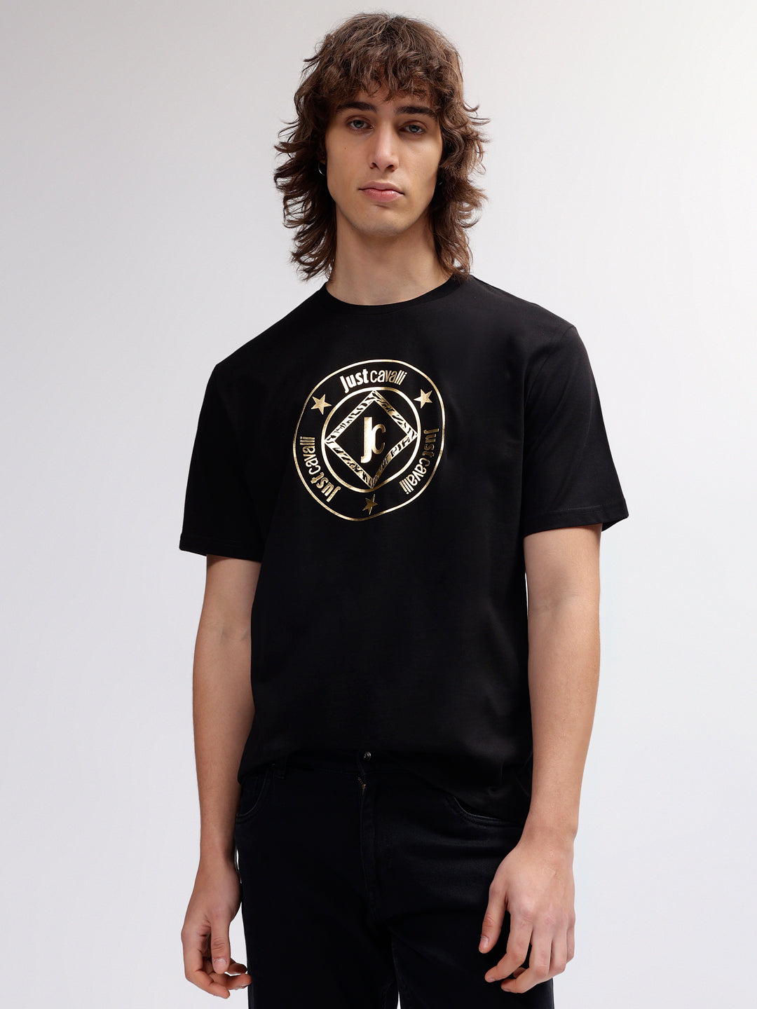 Just Cavalli Men Black Printed Round Neck Short Sleeves T-shirt